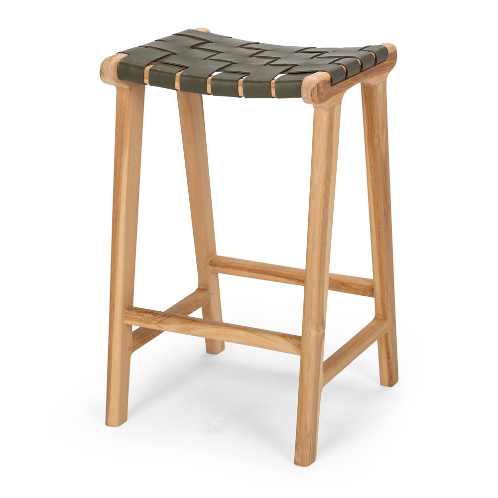 INDO OLIVE LEATHER WOVEN BARSTOOL