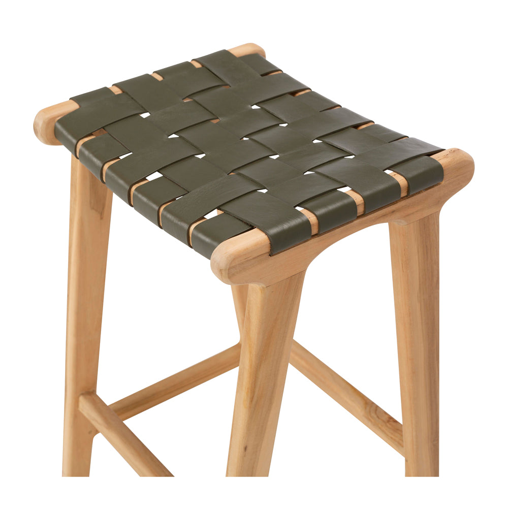 INDO OLIVE LEATHER WOVEN BARSTOOL