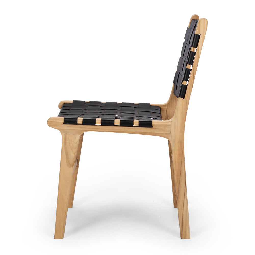 INDO BLACK LEATHER WOVEN DINING CHAIR