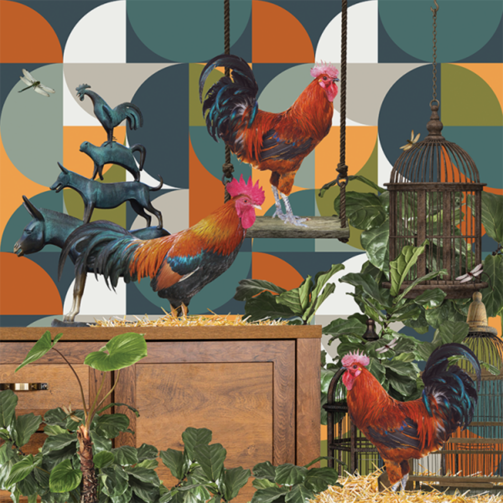 CAGELESS ROOSTERS | CANVAS STRETCHED READY TO HANG | SUE SKELLERN | NZ MADE