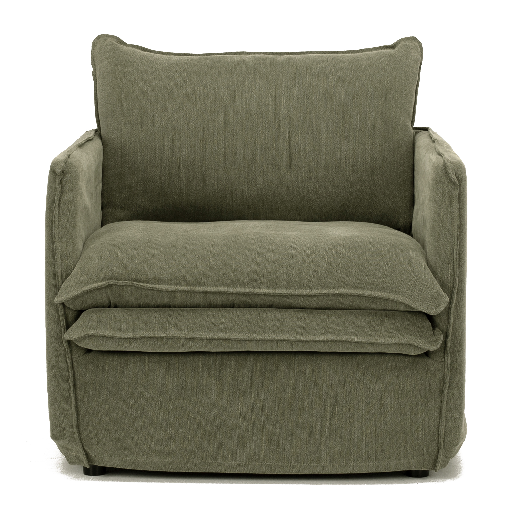 Green armchair with cushions on a white background