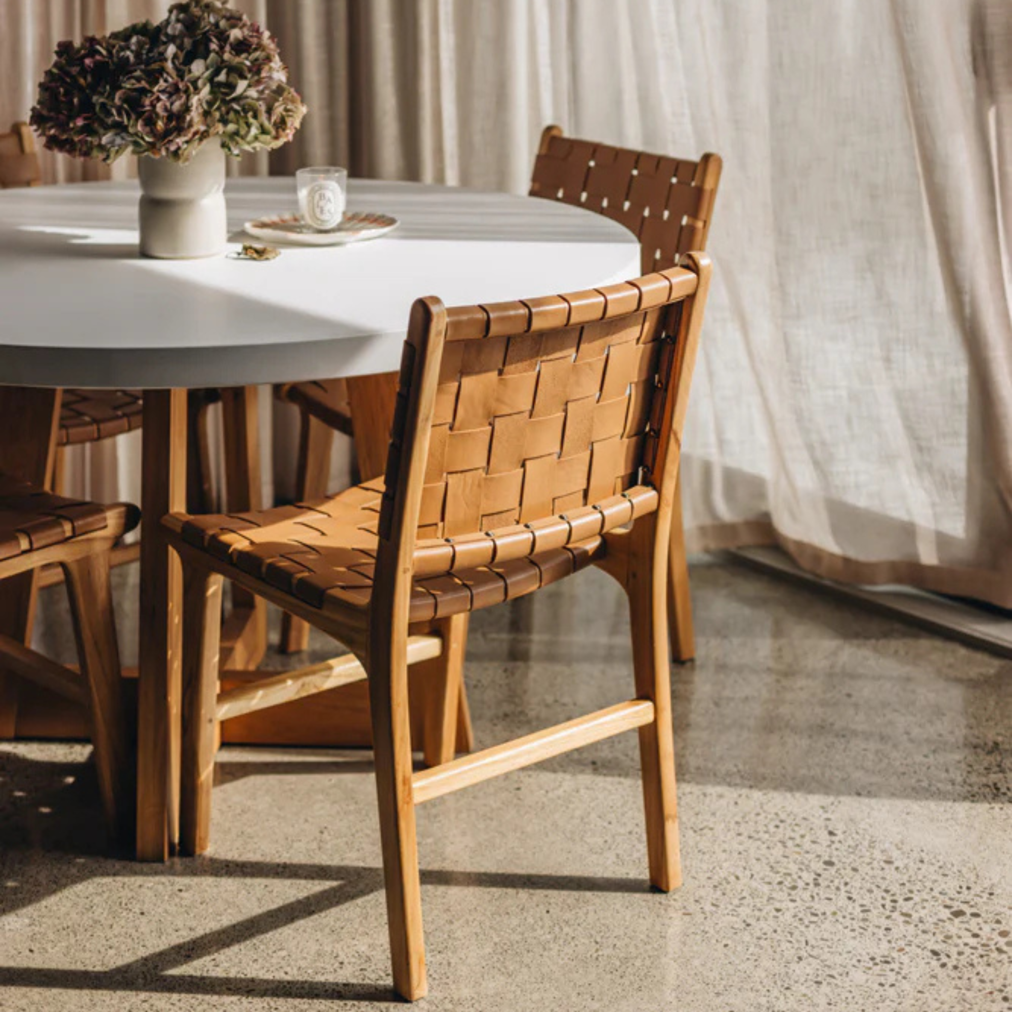 INDO SADDLE LEATHER WOVEN DINING CHAIR