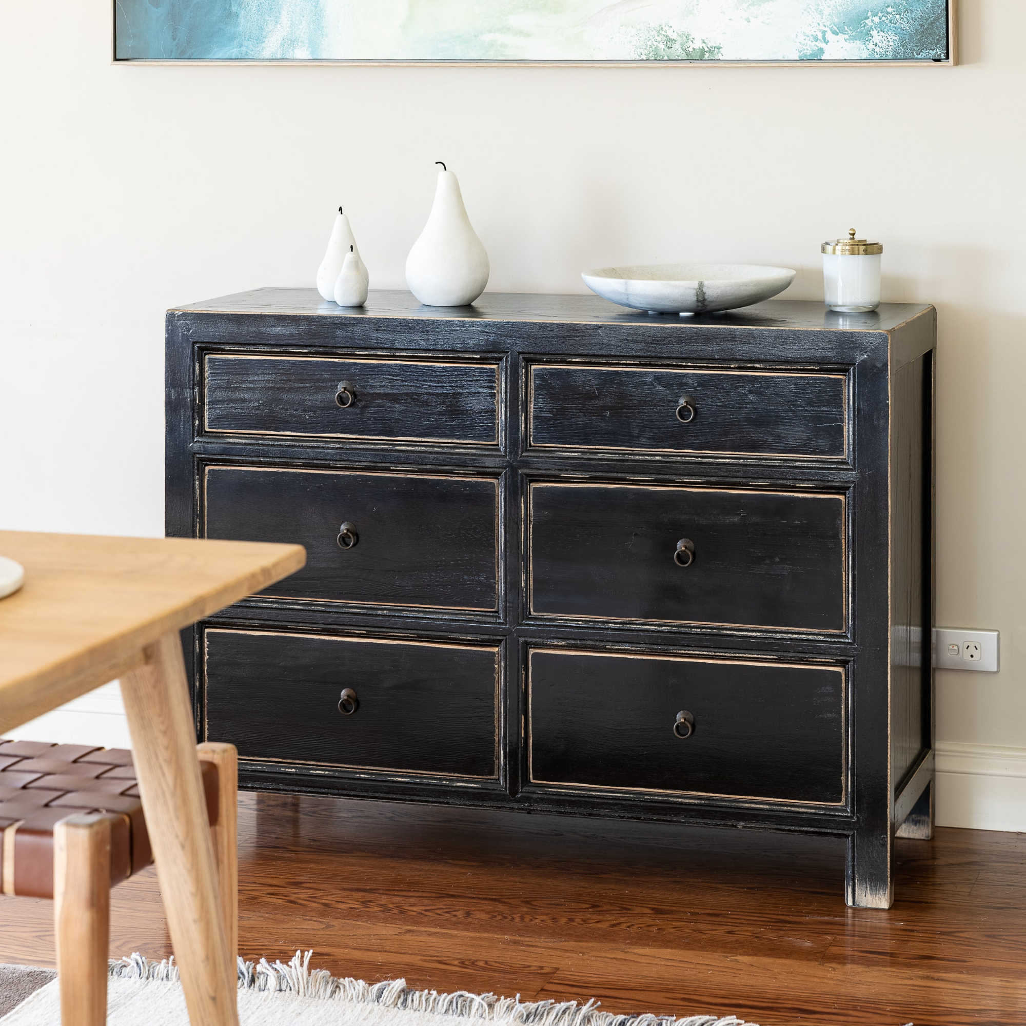 ORIENTAL PAINTED 6 DRAWER DRESSER | ANTIQUE BLACK