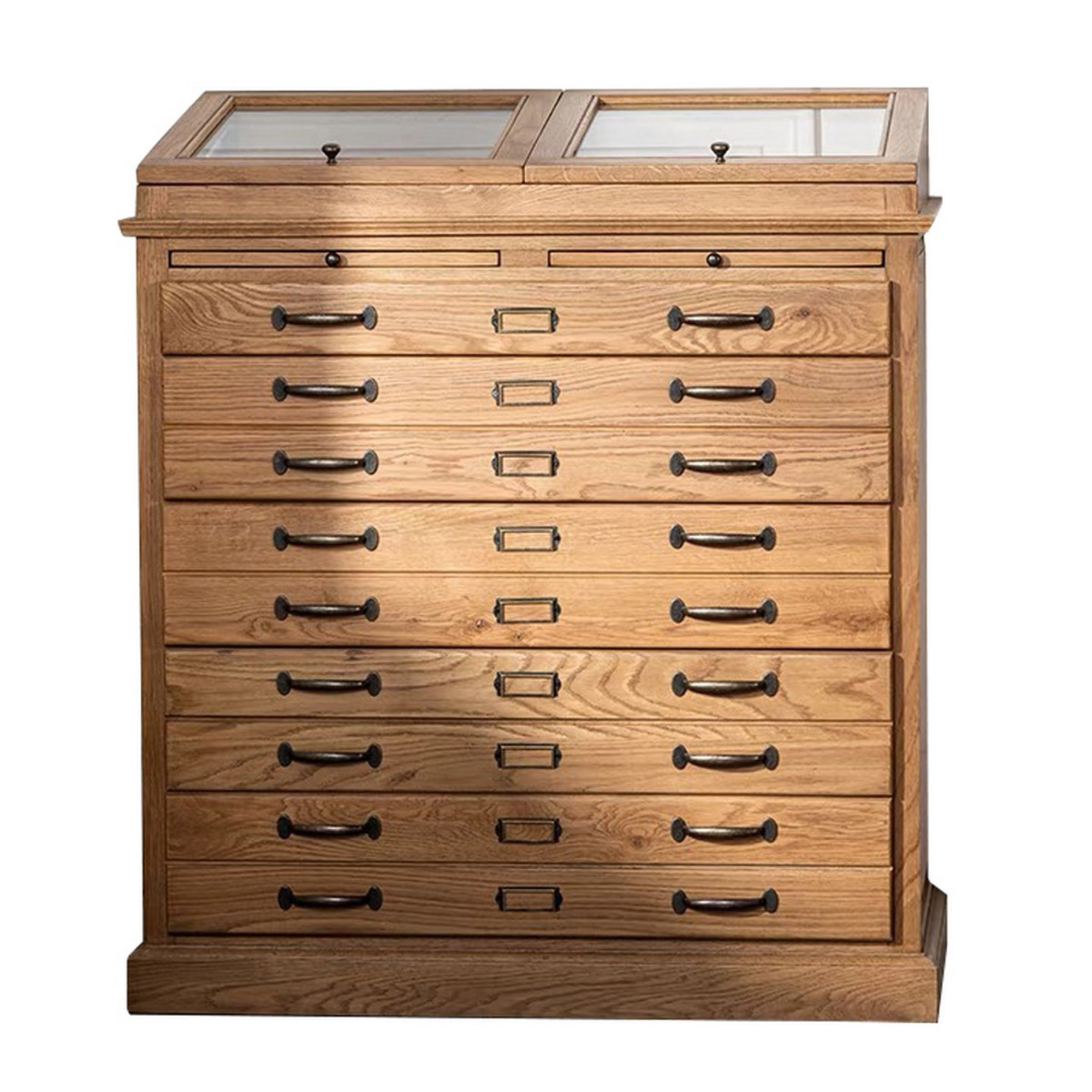 TURNER OAK TALLBOY WITH GLASS STORAGE TOP