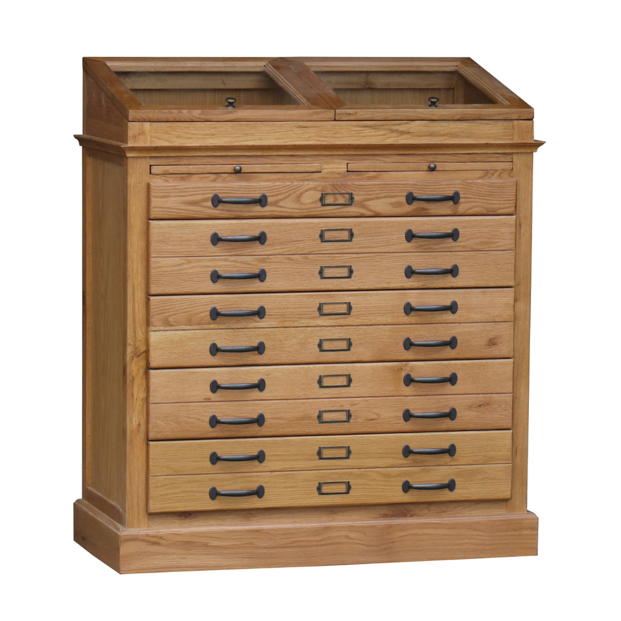 TURNER OAK TALLBOY WITH GLASS STORAGE TOP