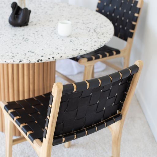 INDO BLACK LEATHER WOVEN DINING CHAIR
