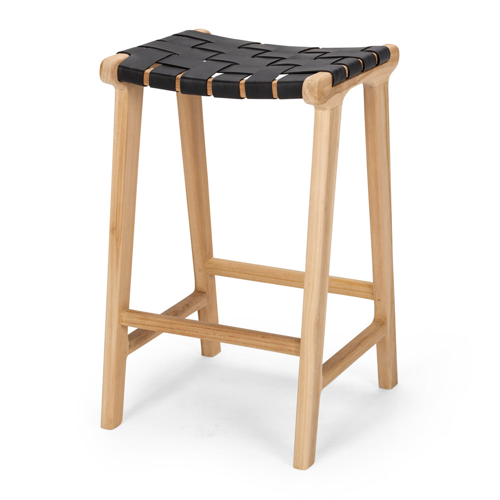 INDO BLACK LEATHER WOVEN BARSTOOL