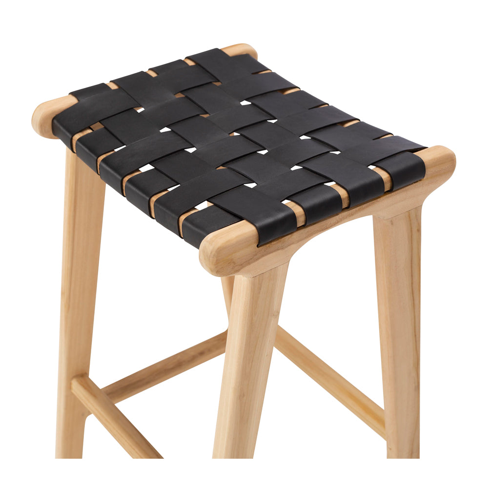 INDO BLACK LEATHER WOVEN BARSTOOL