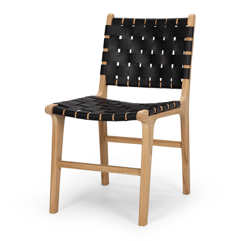 INDO BLACK LEATHER WOVEN DINING CHAIR
