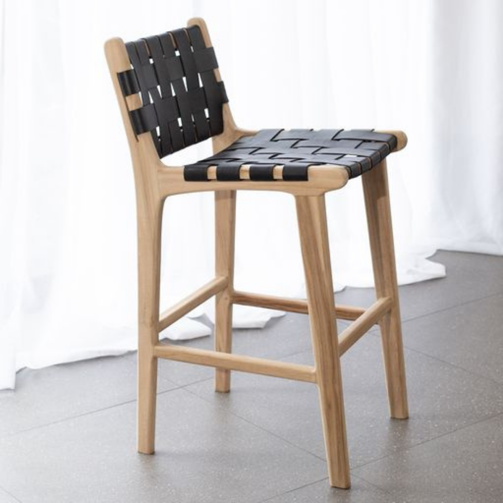 INDO LEATHER WOVEN HIGH BACK BARSTOOL