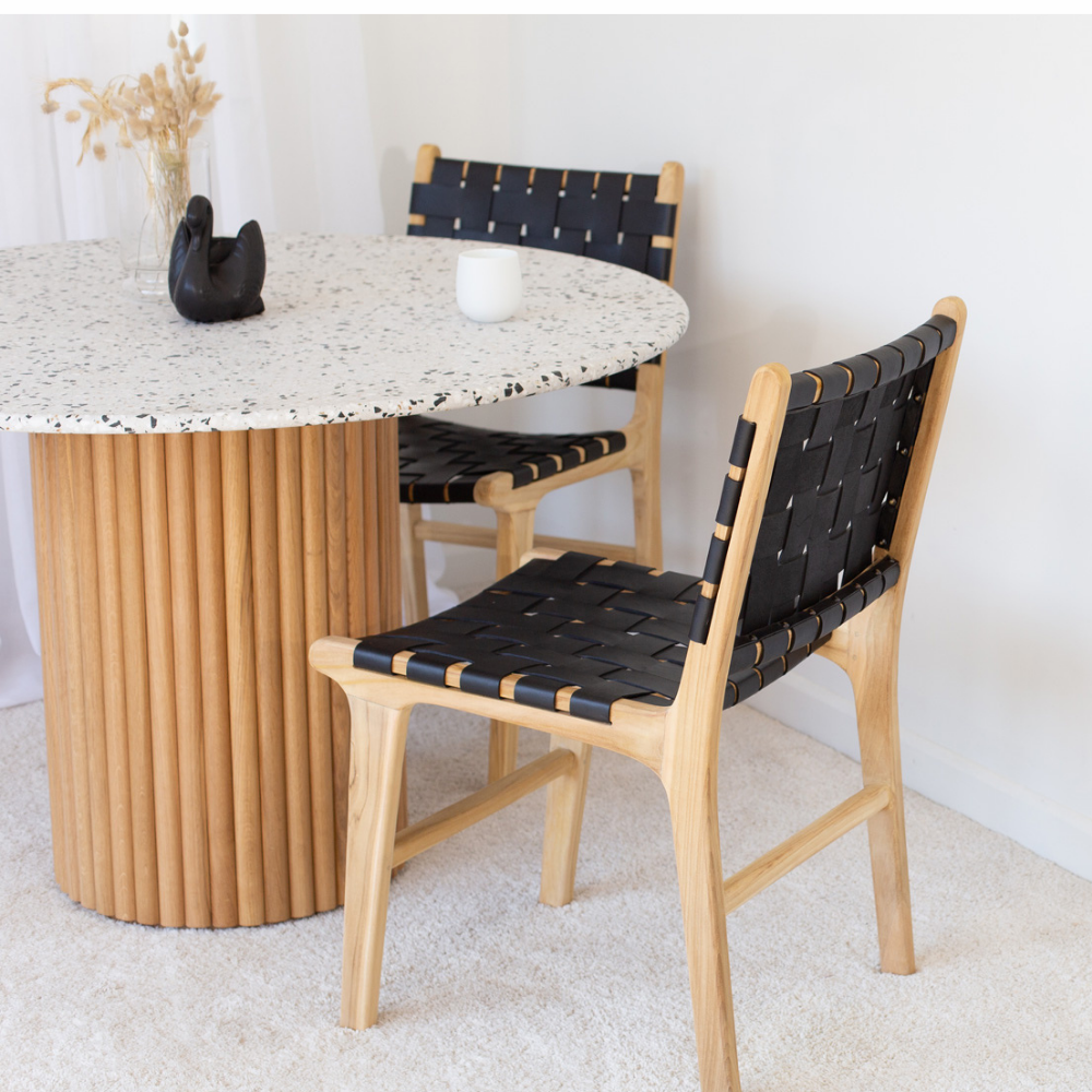 INDO BLACK LEATHER WOVEN DINING CHAIR
