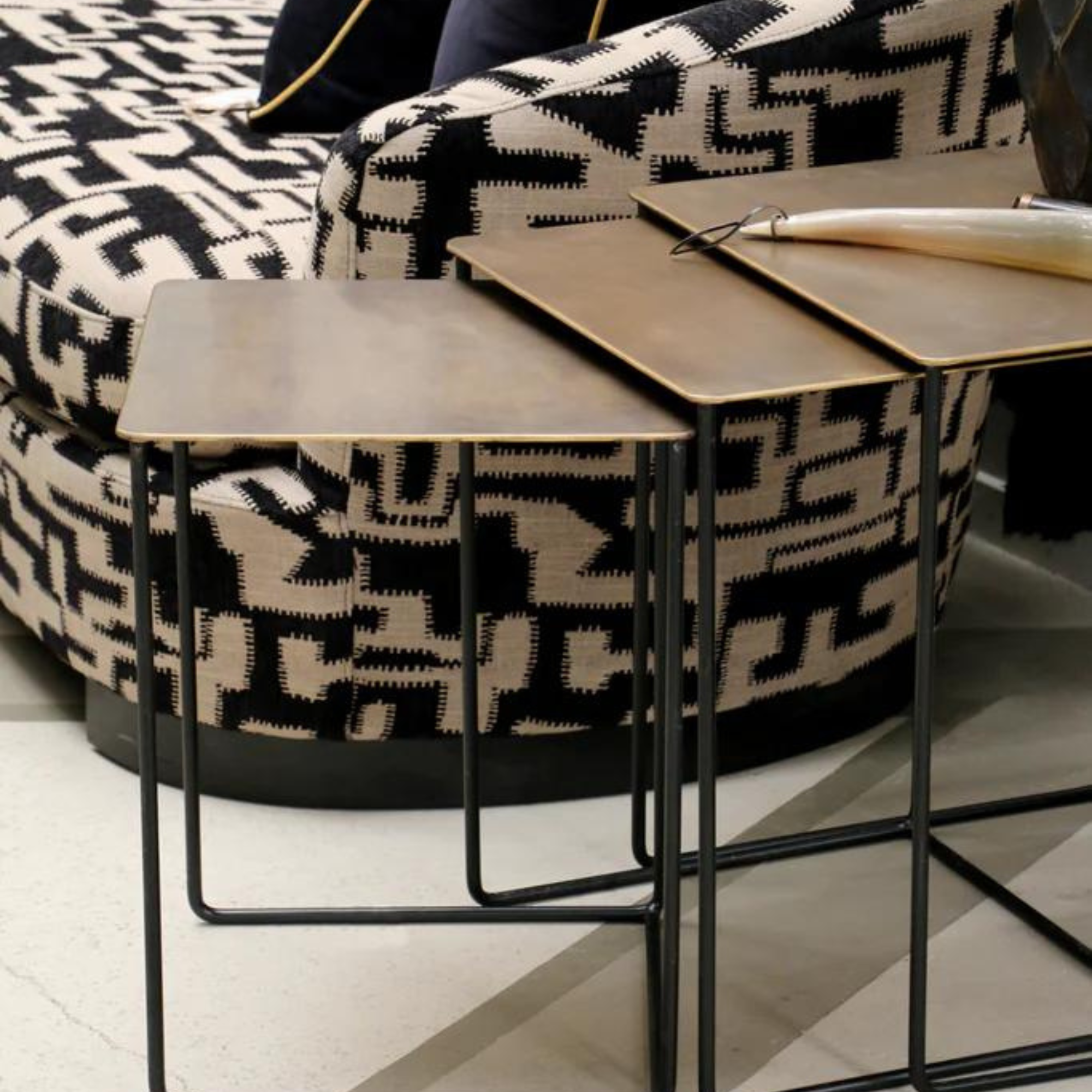 LUXOR NESTING TABLES - ANTIQUE BRASS FINISHED TOPS WITH BLACK LEGS