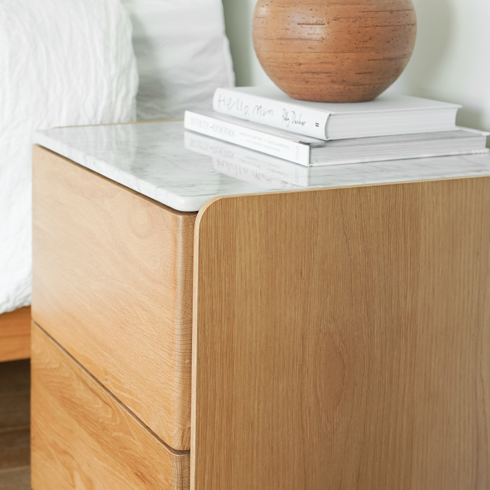CUBE OAK BEDSIDE CABINET - MARBLE TOP