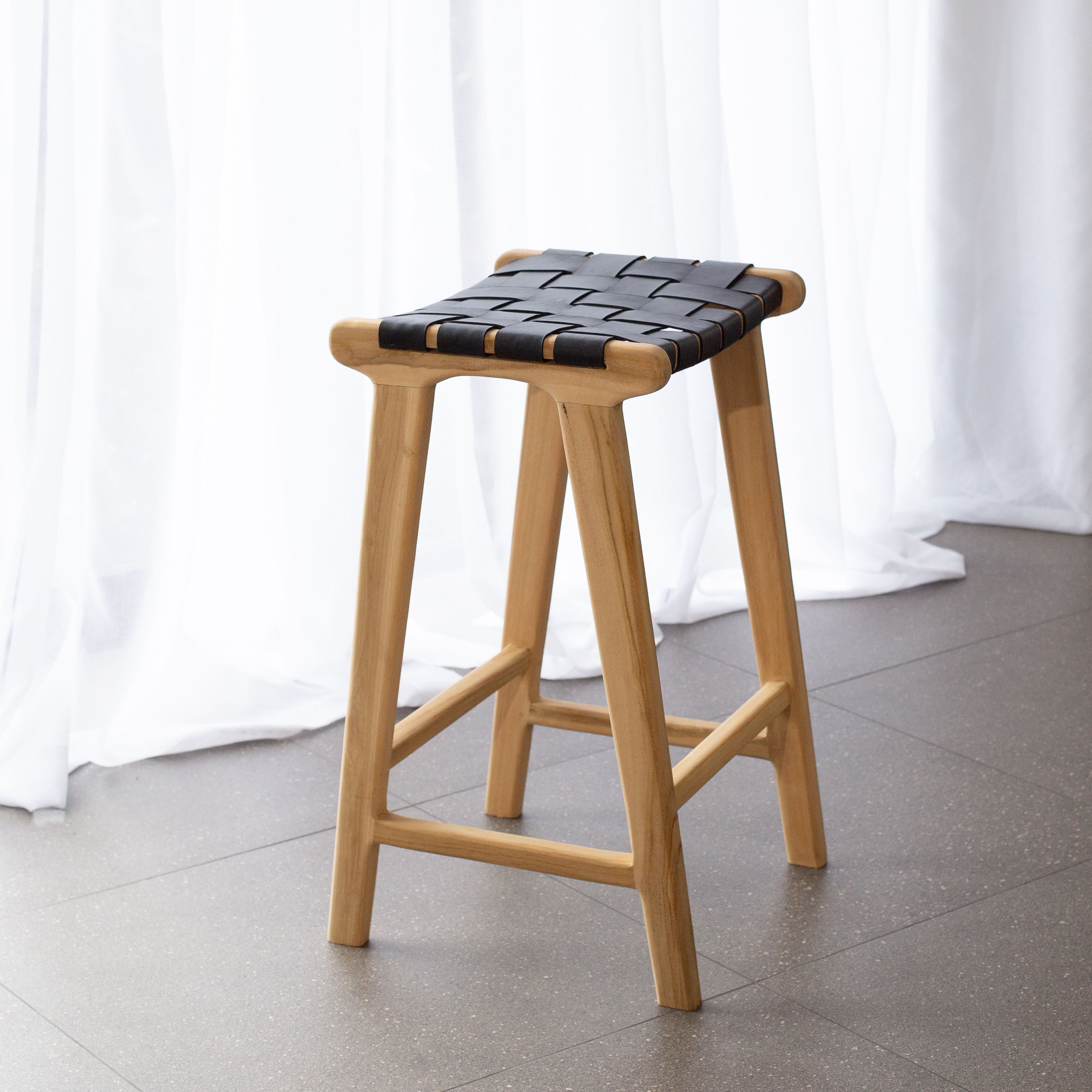 INDO BLACK LEATHER WOVEN BARSTOOL