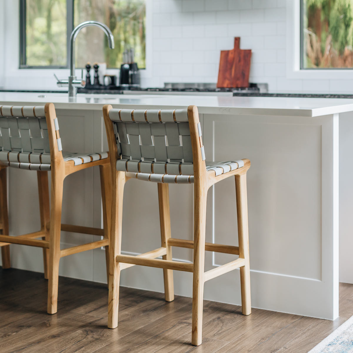 INDO LEATHER WOVEN HIGH-BACK BARSTOOL | DUCK EGG