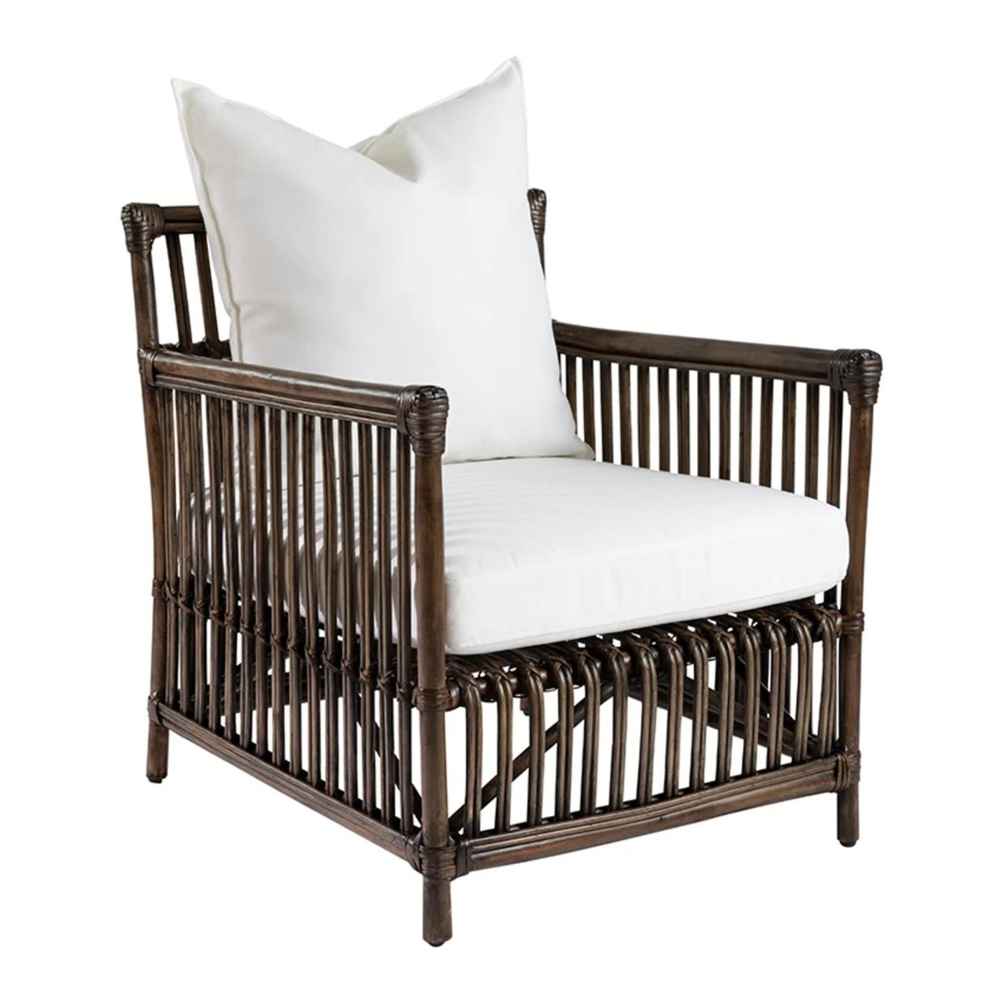 BERMUDA ARMCHAIR IN WALNUT RATTAN WITH NATURAL CANVAS SQUABS