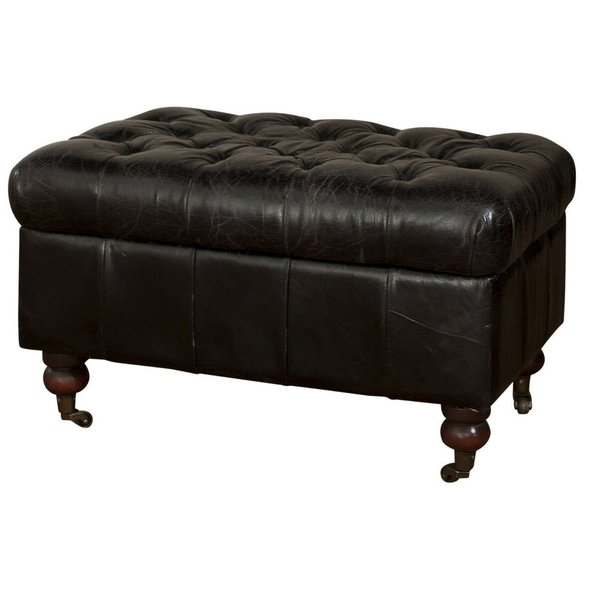 Button Top Leather Ottoman with Storage | Black