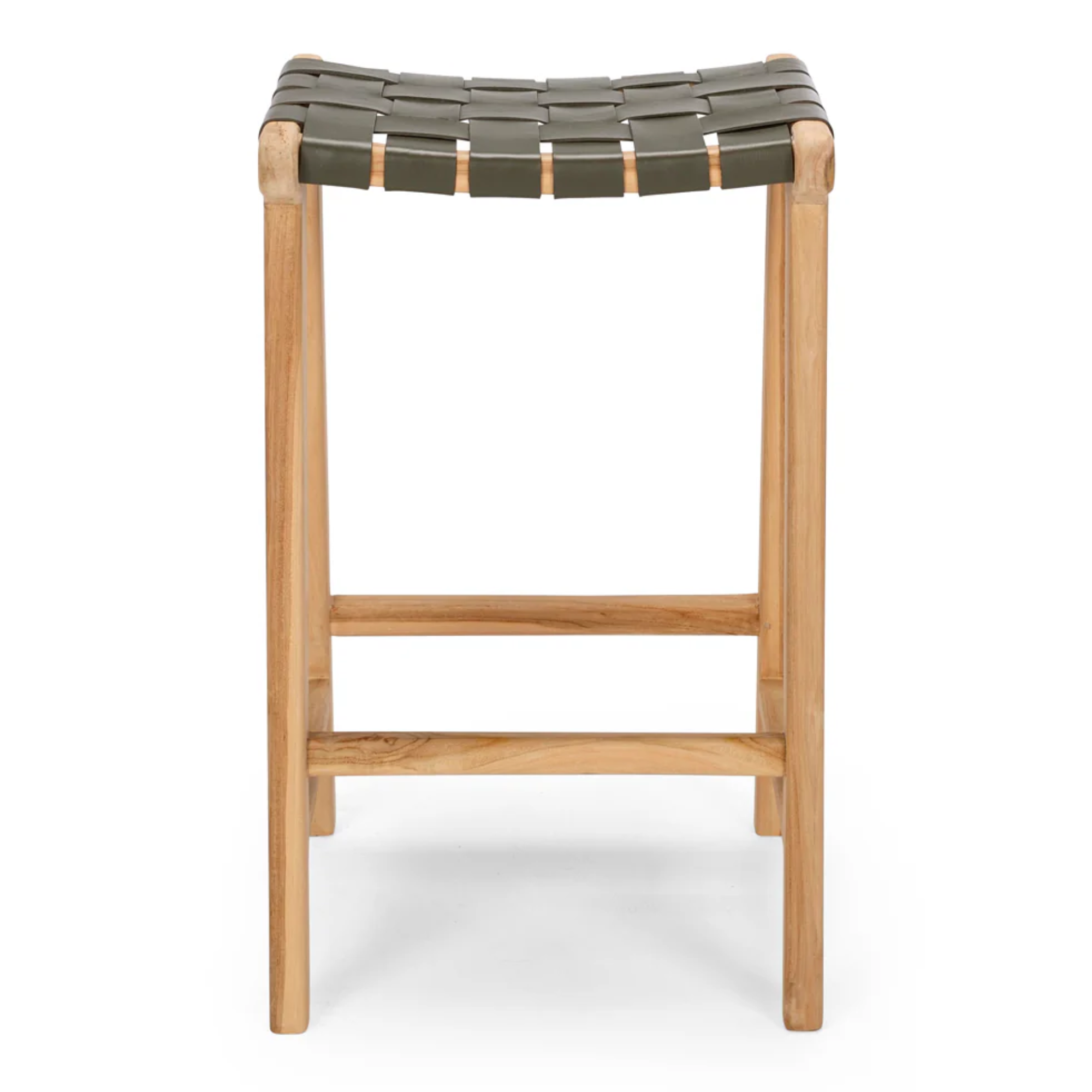INDO OLIVE LEATHER WOVEN BARSTOOL