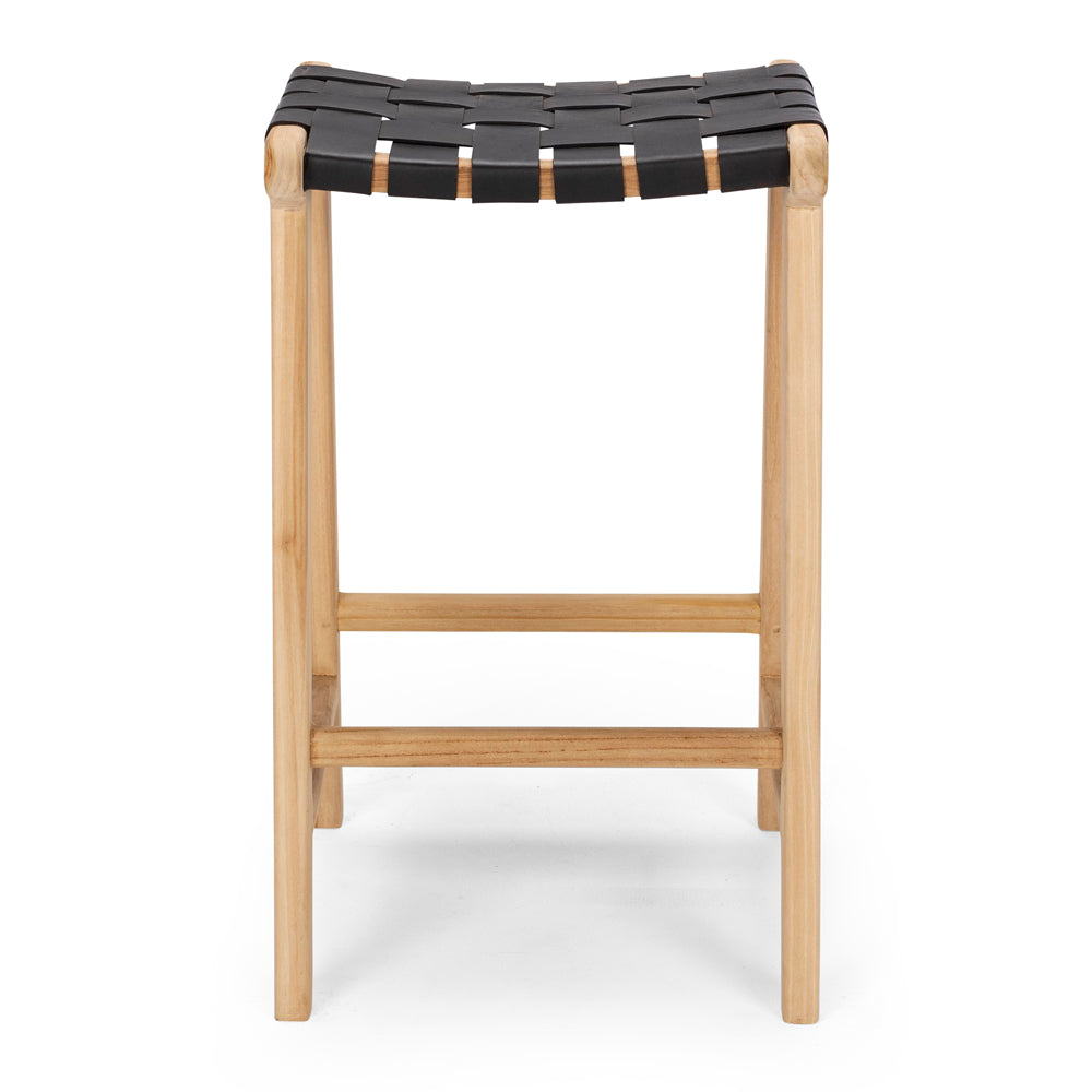 INDO BLACK LEATHER WOVEN BARSTOOL