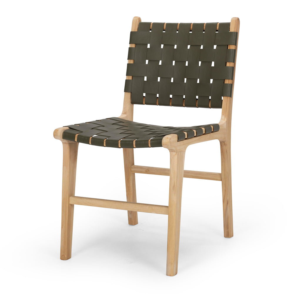 INDO OLIVE LEATHER WOVEN DINING CHAIR