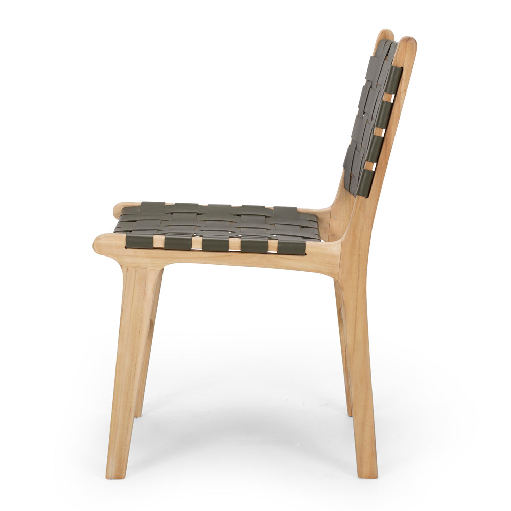 INDO OLIVE LEATHER WOVEN DINING CHAIR