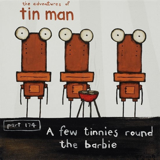 TIN MAN 'A FEW TINNIES ROUND THE BARBIE' | BOX FRAME READY TO HANG | TONY CRIBB | NZ MADE