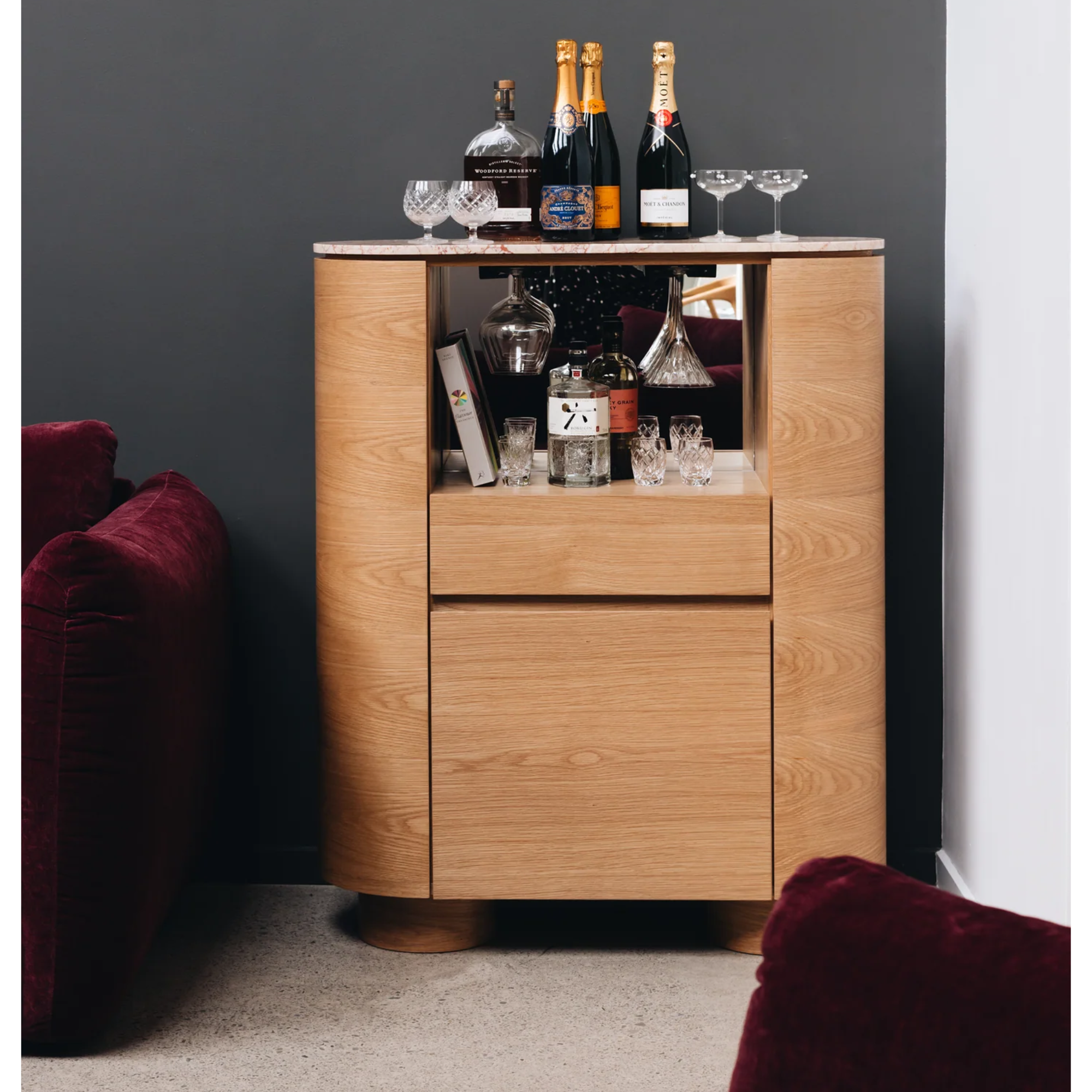 AKITA OAK BAR CABINET | TRAVERTINE TOP