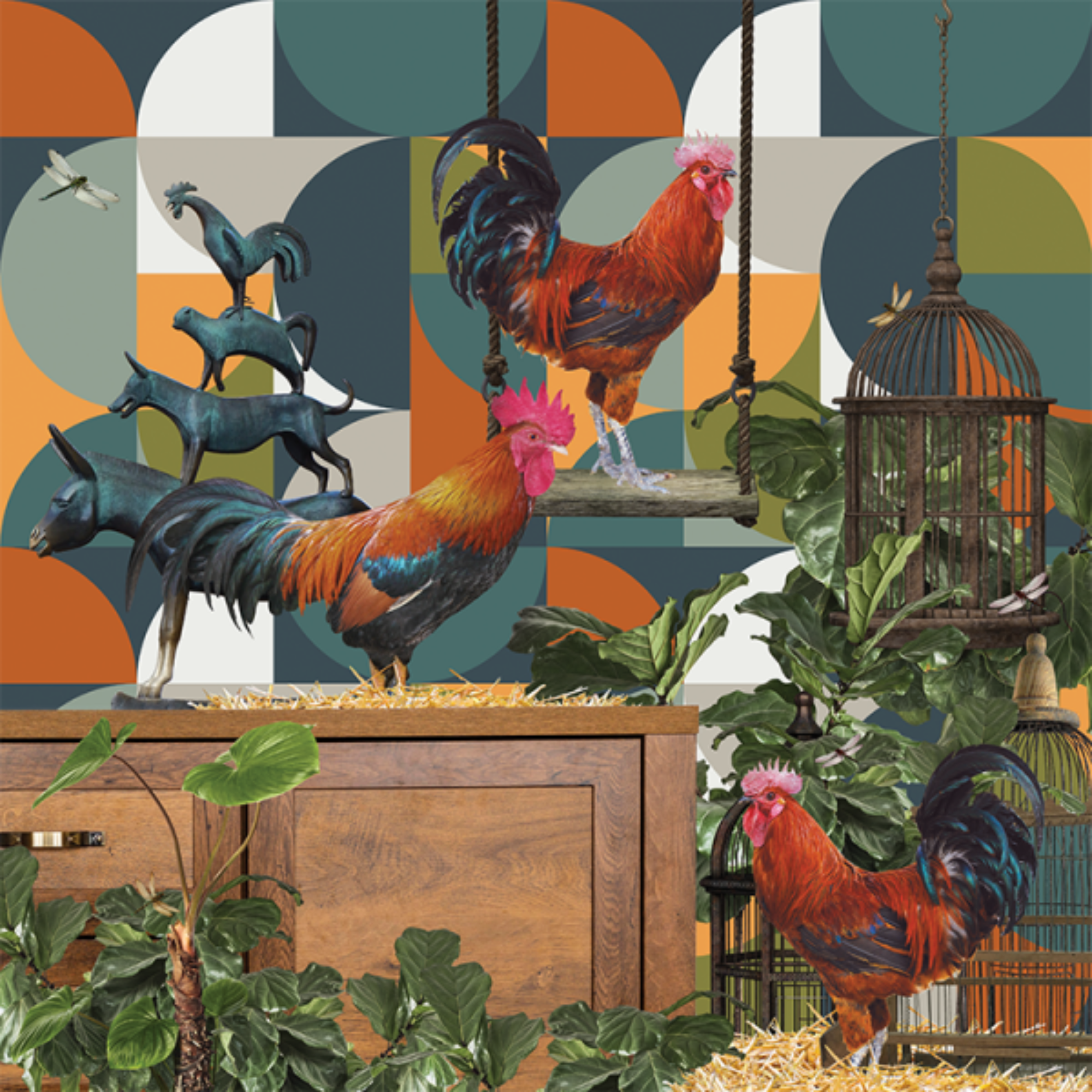 CAGELESS ROOSTERS | CANVAS STRETCHED READY TO HANG | SUE SKELLERN  | NZ MADE