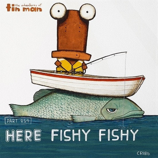 TIN MAN 'HERE FISHY FISHY' | BOX FRAME READY TO HANG | TONY CRIBB | NZ MADE