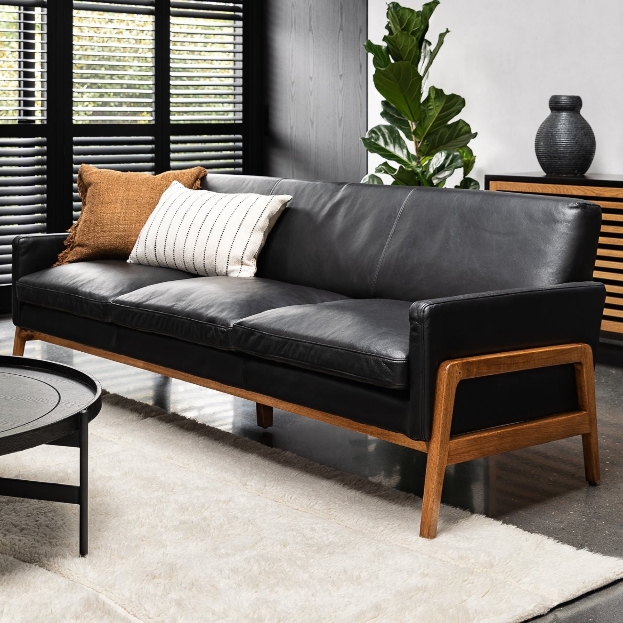 SAWYER BLACK LEATHER 3 SEATER SOFA