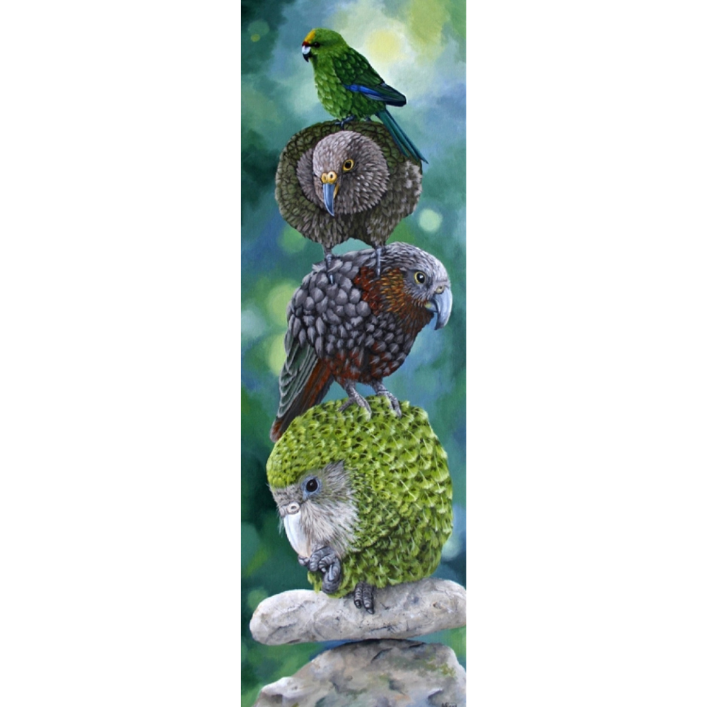 PARROT PARTY BALANCING ACT | STRETCHED CANVAS READY TO HANG | MARIE REID-BEADLE |  NZ MADE