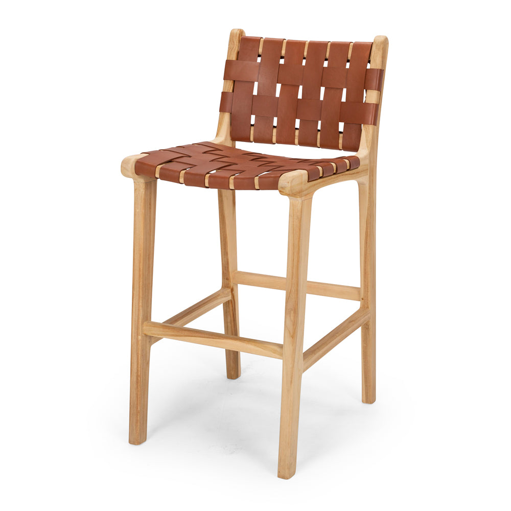 INDO LEATHER WOVEN HIGH BACK BARSTOOL