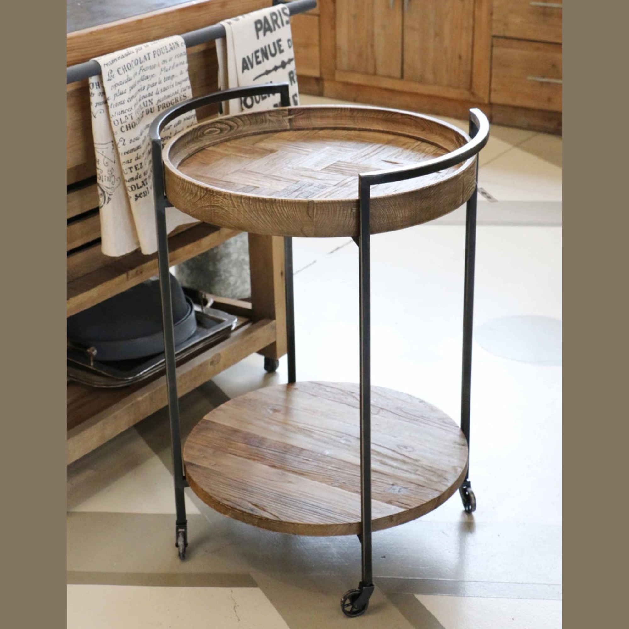CAIRO TROLLEY WITH ELM PARQUET TRAY TOP & BASE WITH GUNMETAL LEGS