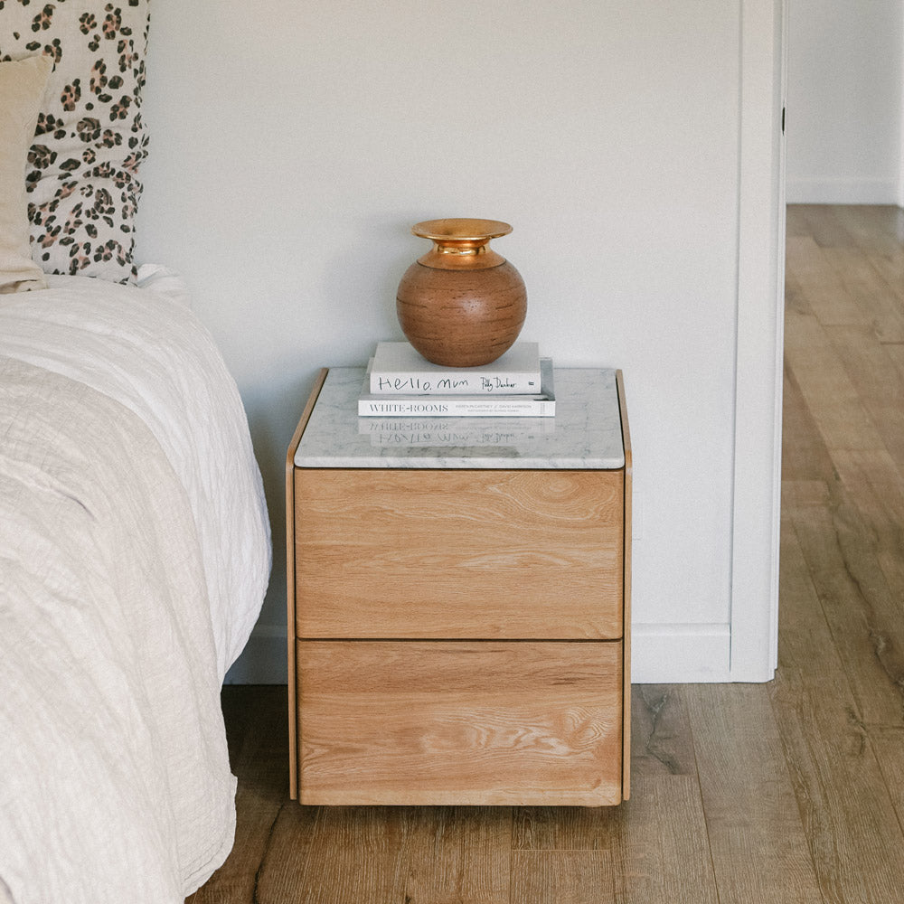 CUBE OAK BEDSIDE CABINET (MARBLE TOP)