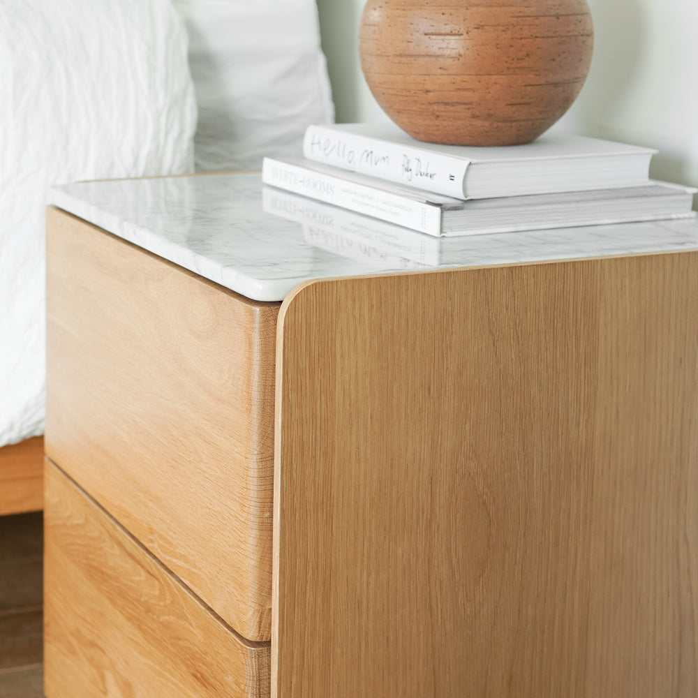 CUBE OAK BEDSIDE CABINET (MARBLE TOP)